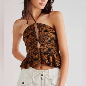 FREE PEOPLE Dandelion Halter Top Elderwood Brown Floral Motif  LARGE